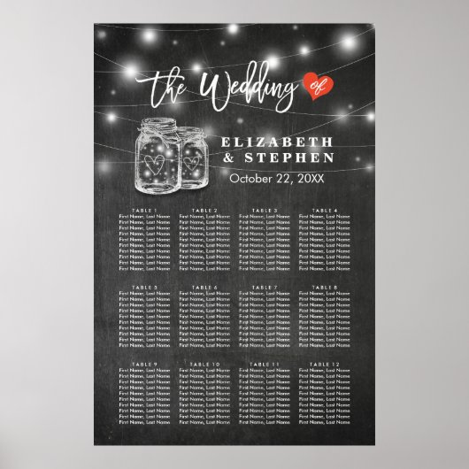 Chic Wedding Seating Chart Mason Jar String Lights Poster (Voorkant)