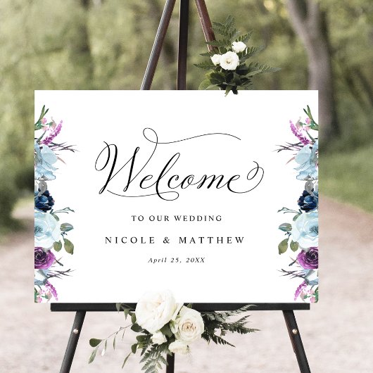 Chic Wedding Welcome Sign Paars and Blue Floral Poster