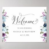Chic Wedding Welcome Sign Paars and Blue Floral Poster (Voorkant)