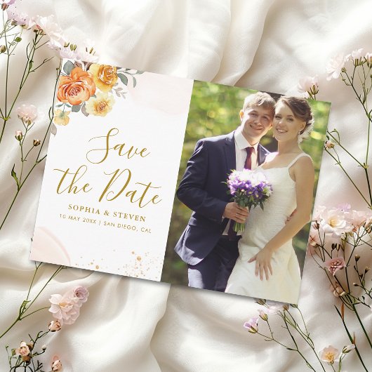 Chic wedding with orange floral with Photo Briefkaart