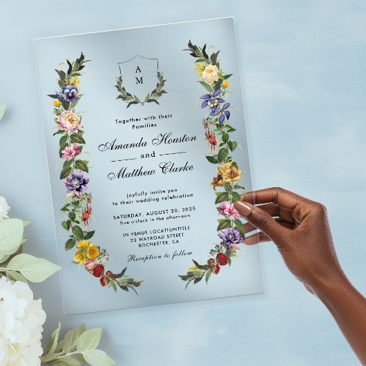Chic Whimsical Bloemen monogram bruiloft Acryl Uitnodigingen