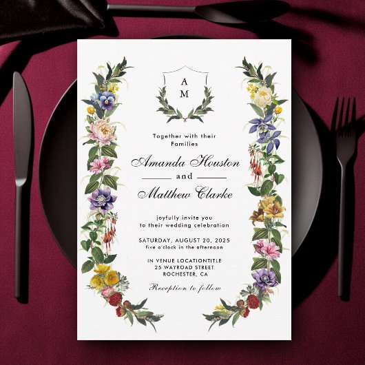 Chic Whimsical Bloemen monogram bruiloft Kaart