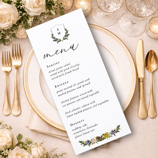 Chic Whimsical  Bloemen monogram bruiloft Menu