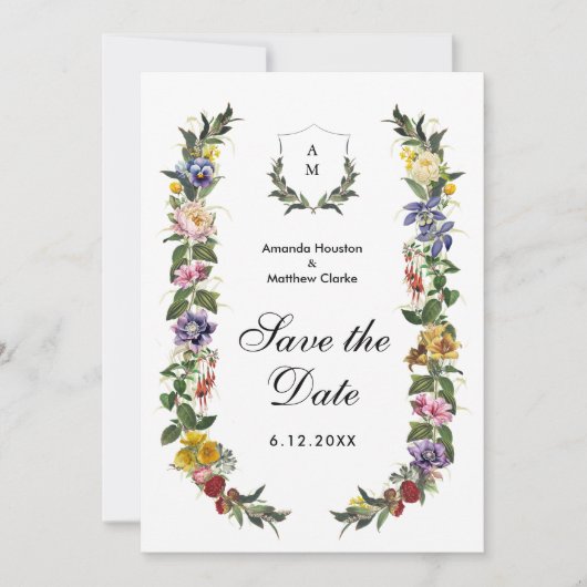 Chic Whimsical  Bloemen monogram bruiloft Save The Date (Voorkant)