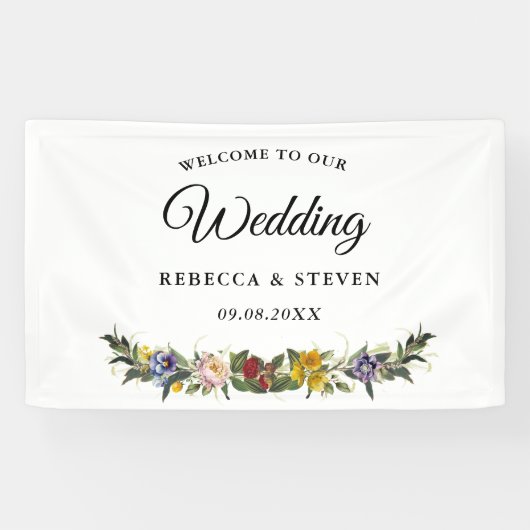 Chic Whimsical  Bloemen monogram bruiloft Spandoek (Horizontaal)