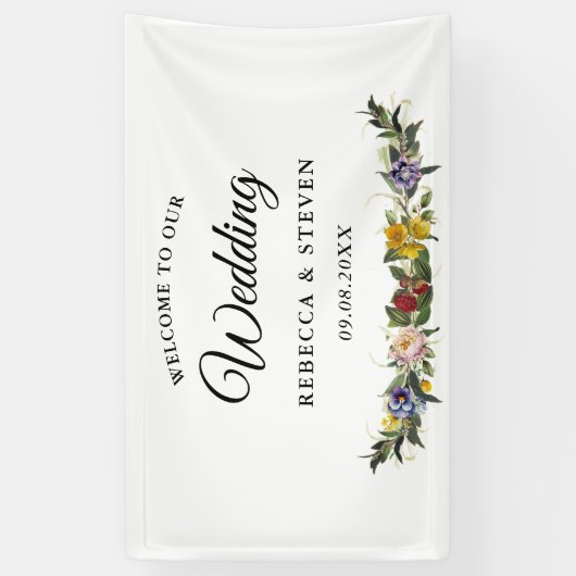 Chic Whimsical Bloemen monogram bruiloft Spandoek (Verticaal)