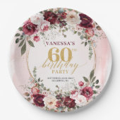 Chic Whimsical Boho Burgundy Eucalyptus Gold 60th Papieren Bordje (Voorkant)