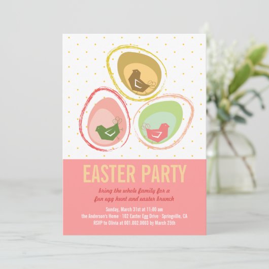 Chic Whimsical Chicken Easter Hunt Party Invite Kaart (Staand voorkant)