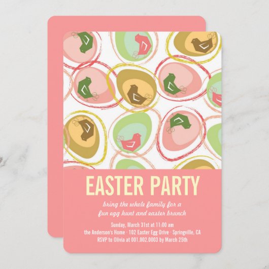 Chic Whimsical Chicken Easter Hunt Party Invite Kaart (Voorkant / Achterkant)