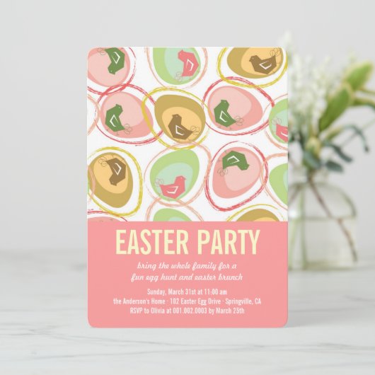 Chic Whimsical Chicken Easter Hunt Party Invite Kaart (Staand voorkant)