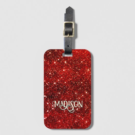 Chic whimsical red black glitter monogram bagagelabel (Voorkant (verticaal))