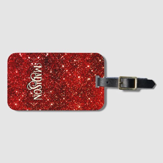 Chic whimsical red black glitter monogram bagagelabel (Voorkant (horizontaal))