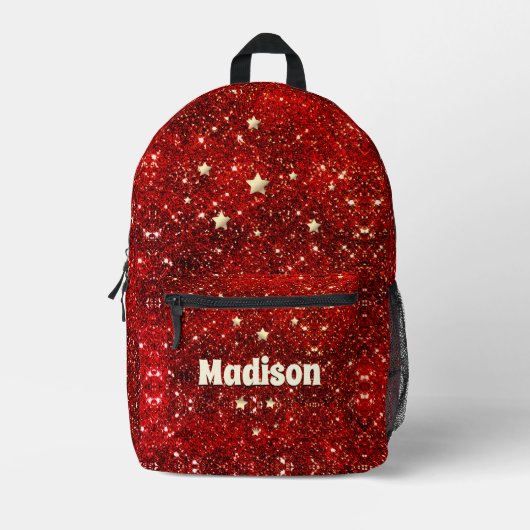 Chic whimsical red black glitter monogram bedrukte rugzak (Voorkant)