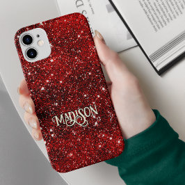 Chic whimsical red black glitter monogram Case-Mate iPhone 14 hoesje