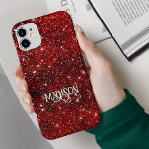 Chic whimsical red black glitter monogram Case-Mate iPhone 14 hoesje