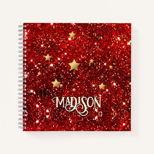 Chic whimsical red black glitter monogram notitieboek (Voorkant)