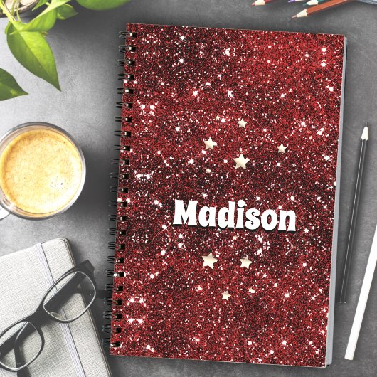 Chic whimsical red black glitter monogram notitieboek