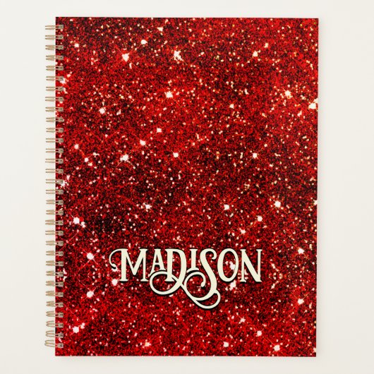Chic whimsical red black glitter monogram planner (Voorkant)