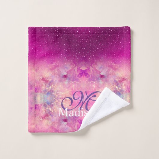 Chic whimsical roze fuchsia ombre glitter monogram bad handdoek (Wasdoekje)