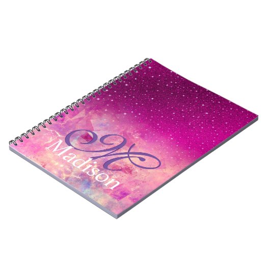 Chic whimsical roze fuchsia ombre glitter monogram notitieboek (Linkerzijde)
