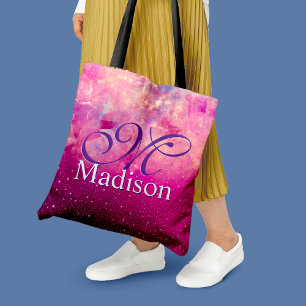 Chic whimsical roze fuchsia ombre glitter monogram tote bag
