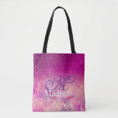 Chic whimsical roze fuchsia ombre glitter monogram tote bag (Voorkant)