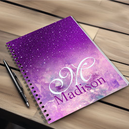 Chic whimsical roze paarse ombre glitter monogram notitieboek