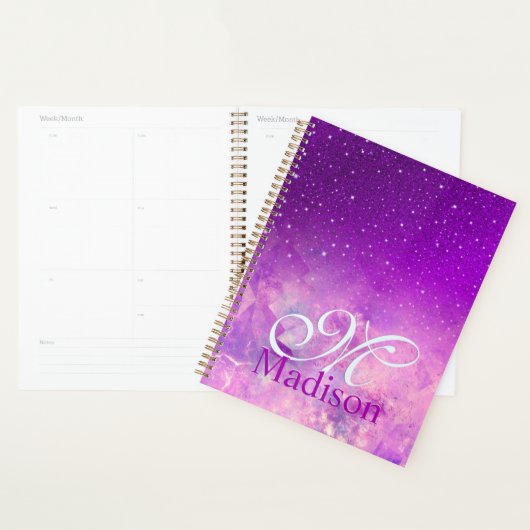 Chic whimsical roze paarse ombre glitter monogram planner (Display)