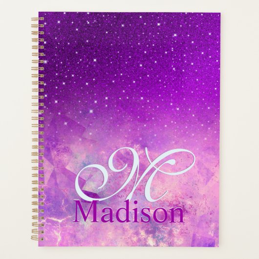Chic whimsical roze paarse ombre glitter monogram planner (Voorkant)