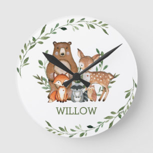 Chic Whimsical Woodland Animals Beer Deer Fox Owl Ronde Klok