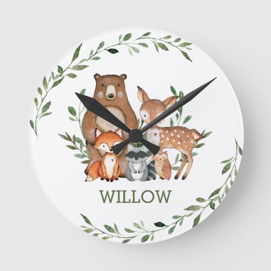 Chic Whimsical Woodland Animals Beer Deer Fox Owl Ronde Klok (Voorkant)