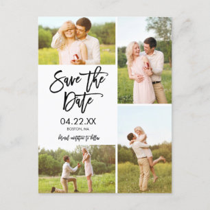 Chic White Bewaar de datum 4-foto Collage Announce Aankondigingskaart