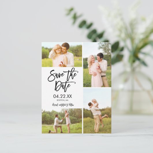 Chic White Bewaar de datum 4-foto Collage Announce Aankondigingskaart (Staand voorkant)