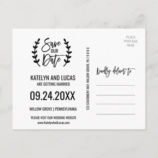 Chic White Black Olive Branches slaan onze datum o Aankondigingskaart (Achterkant)