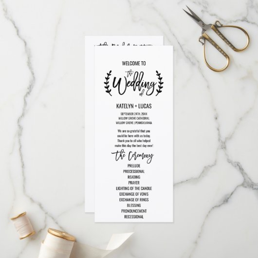 Chic White Black Olive Branches Wedding Programme Programmakaart (Voorkant / Achterkant in situ)