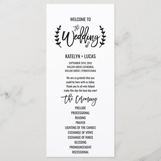 Chic White Black Olive Branches Wedding Programme Programmakaart (Voorkant)