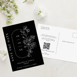 Chic White Blossoms op Black Wedding Save the Date Aankondigingskaart