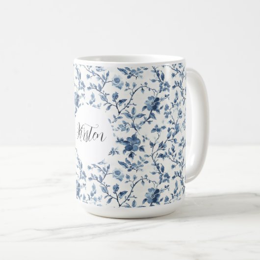 Chic White Blue Floral   Koffiemok (Voorkant rechts)