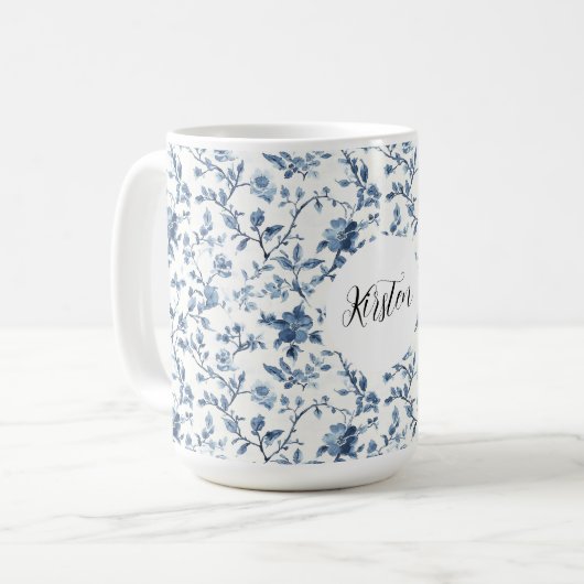 Chic White Blue Floral   Koffiemok (Voorkant links)
