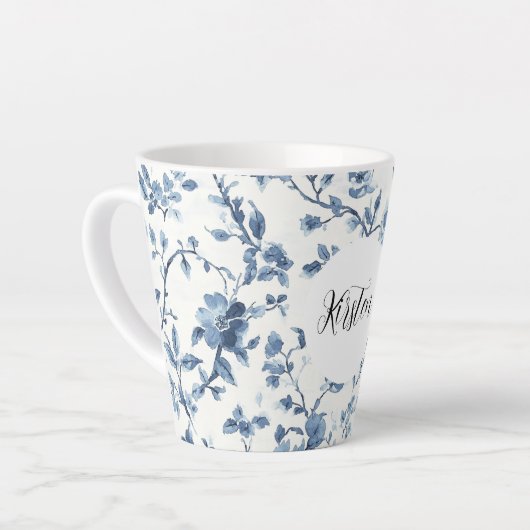 Chic White Blue Floral   Latte Mok (Linkerhoek)