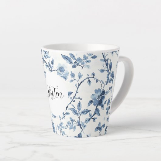 Chic White Blue Floral   Latte Mok (Rechterhoek)