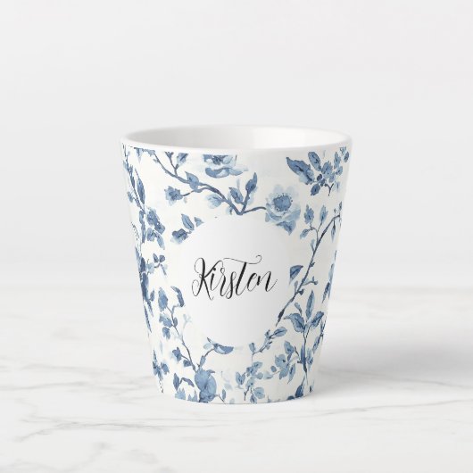 Chic White Blue Floral   Latte Mok (Voorkant)