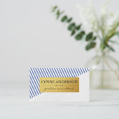 Chic White Blue Stripes Pattern Faux Metallic Gold Visitekaartje (Staand voorkant)