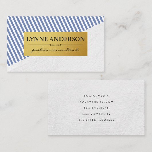 Chic White Blue Stripes Pattern Faux Metallic Gold Visitekaartje (Voorkant / Achterkant)