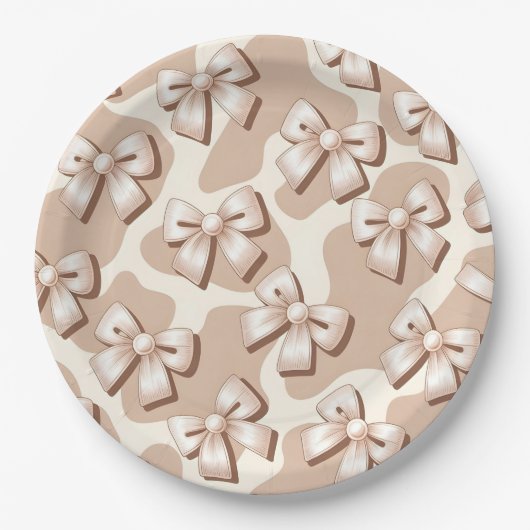 Chic White Bow & Beige Koe Print Halloween – Papieren Bordje (Voorkant)