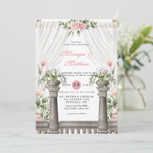 Chic White Canopy Pink Florals Wedding Kaart (Staand voorkant)
