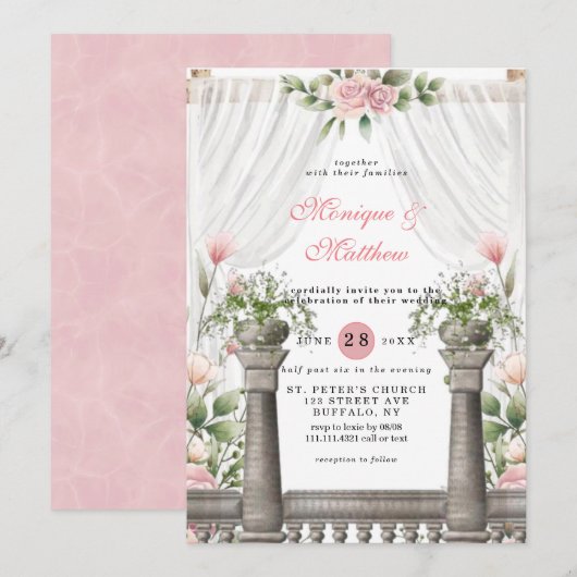 Chic White Canopy Pink Florals Wedding Kaart (Voorkant / Achterkant)