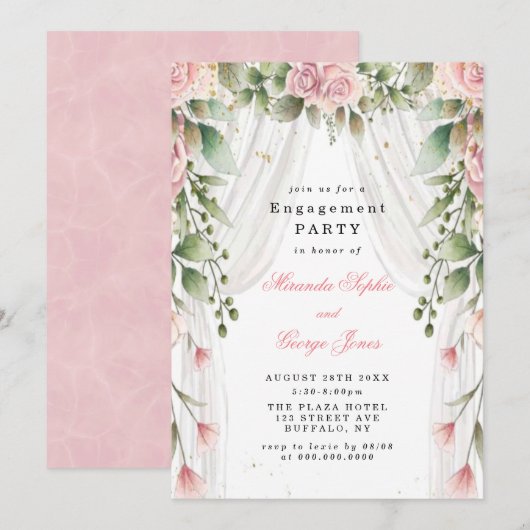 Chic White Canopy roze Floral Engagement Party Kaart (Voorkant / Achterkant)