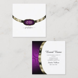 Chic White Chrome Silver Paarse Monogram Diamonds Vierkante Visitekaartje