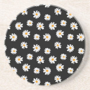 Chic White Daisies Pattern op zwarte achtergrond Zandsteen Onderzetter
